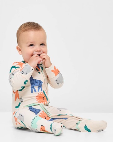 Baby Organic Cotton Print Zip Coverall - Animals