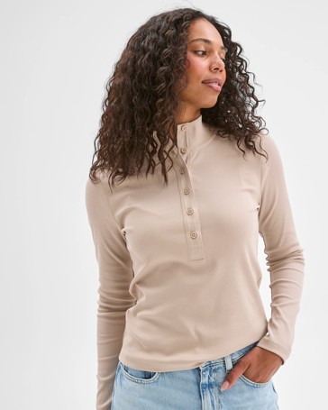 Australian Cotton Long Sleeve Mock Neck Henley Top
