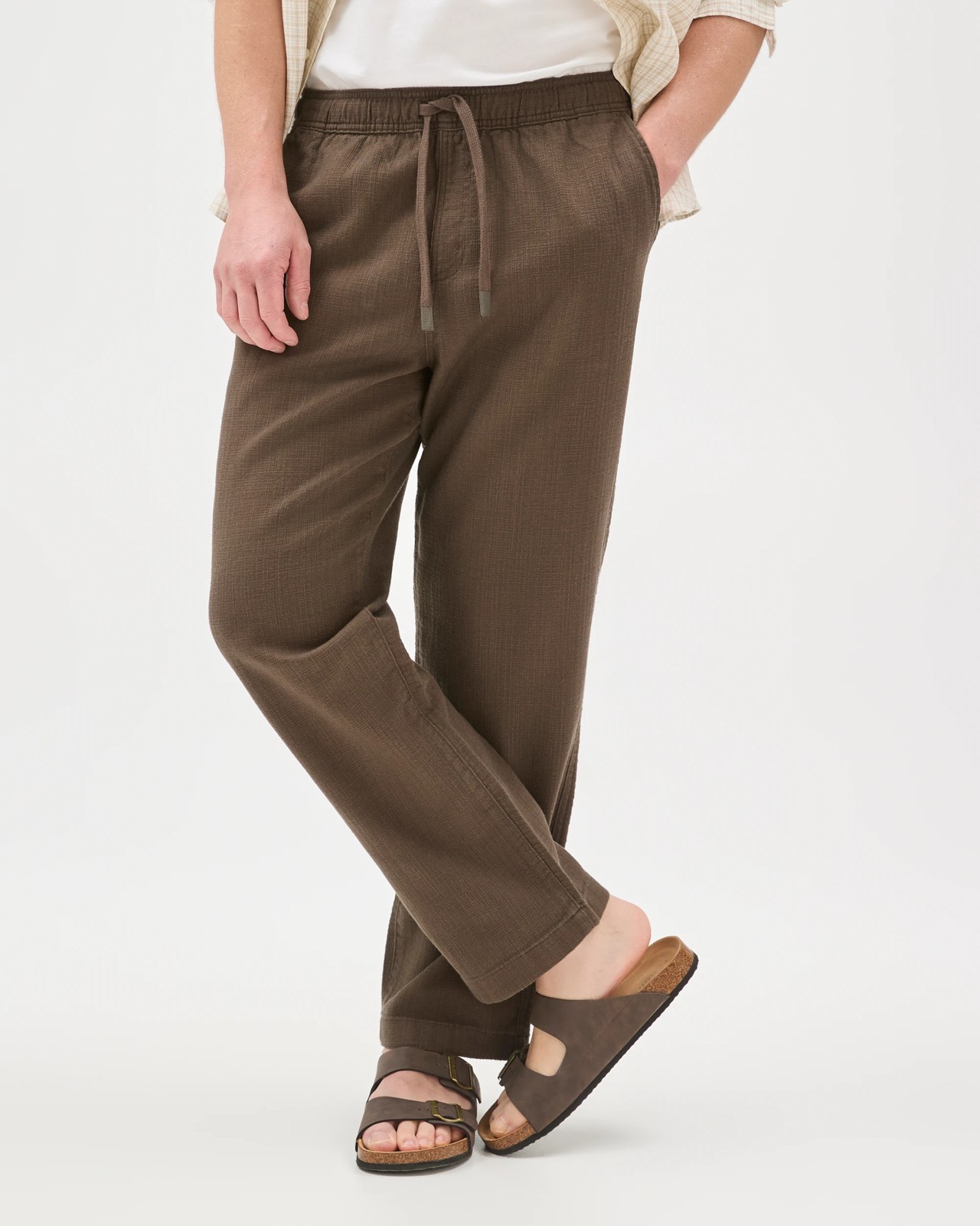 Australian Cotton Elastic Waistband Relaxed Textured Pants - Truffle 2 of 6