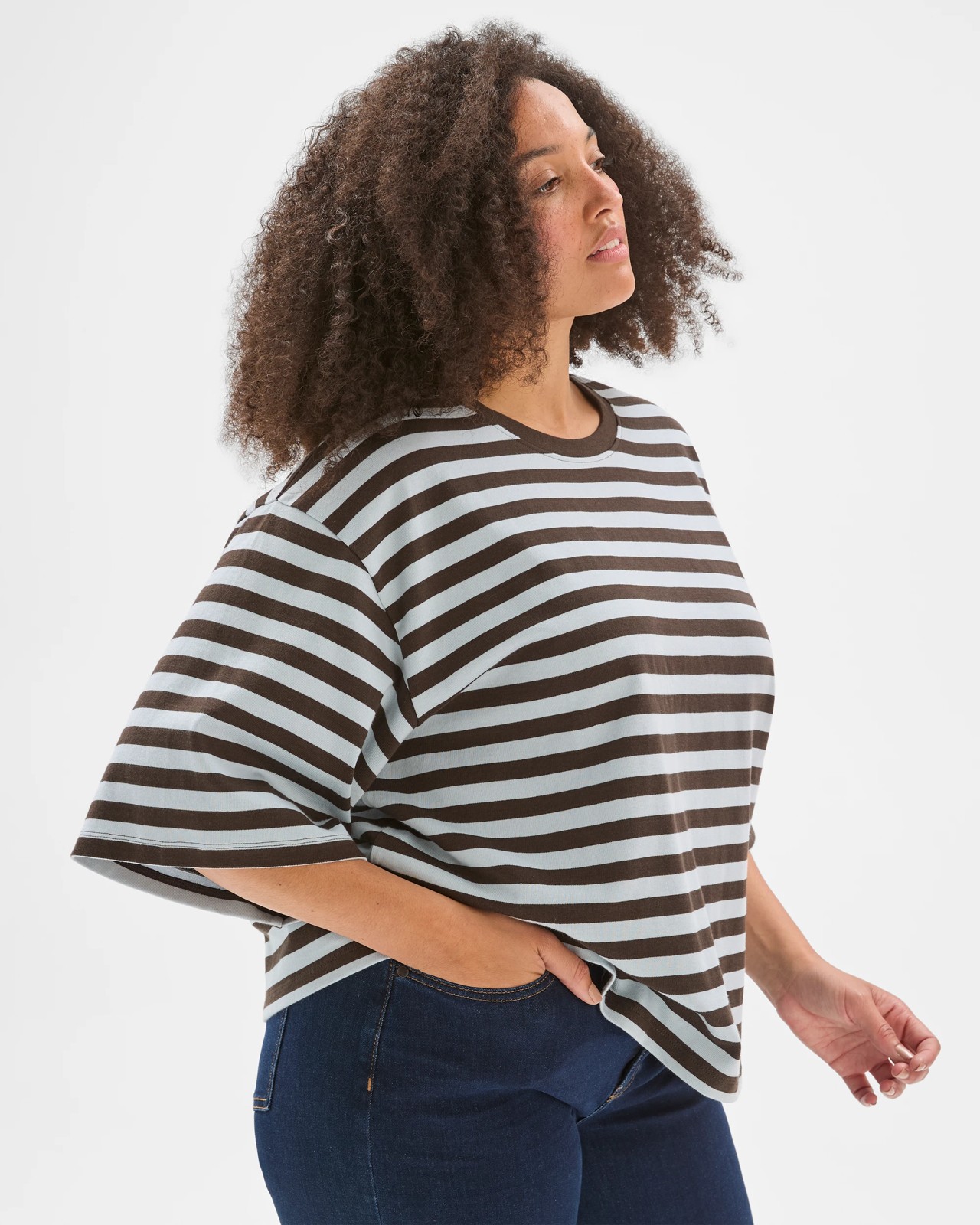 Plus Size Australian Cotton Wide Sleeve Boxy T-Shirt - Coffee/Blue 5 of 5