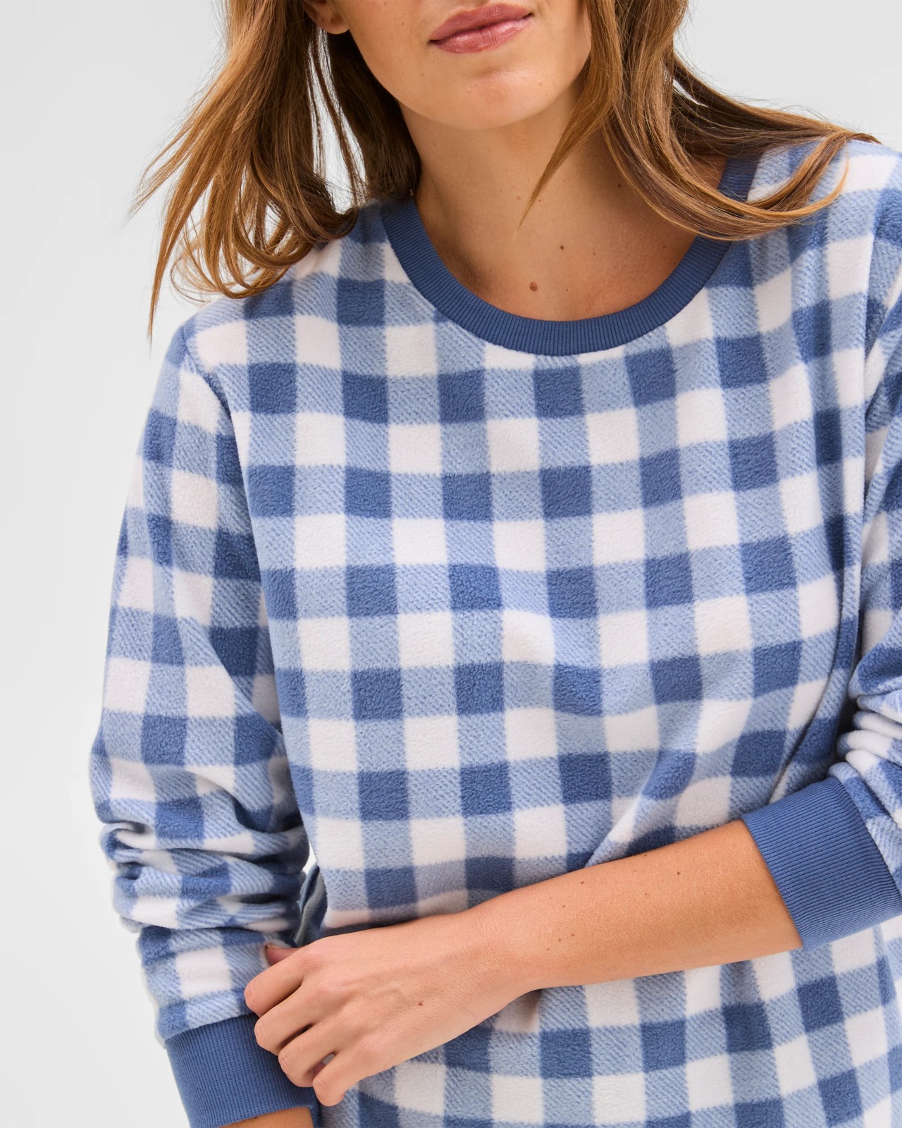 Micro Fleece Long Sleeve Pyjama Top - Gingham Blue 5 of 5