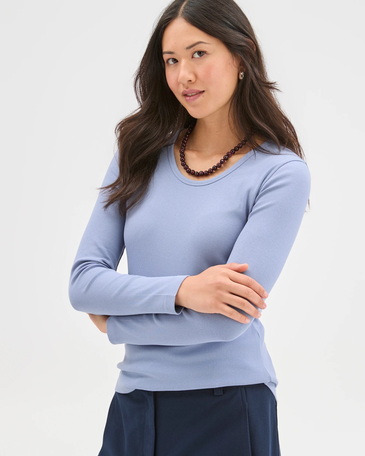Australian Cotton Long Sleeve Scoop Neck Rib T-Shirt - Bluebell 5 of 5