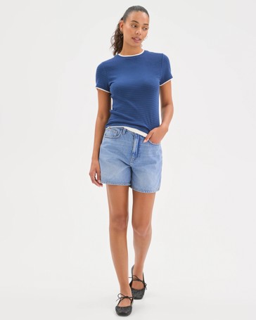 High Rise A-Line Denim Shorts