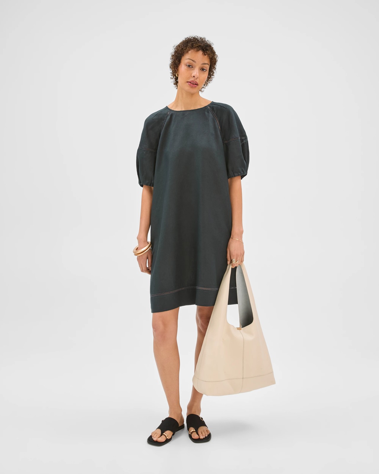 European Linen Trim Detail Mini Dress - Black 2 of 6