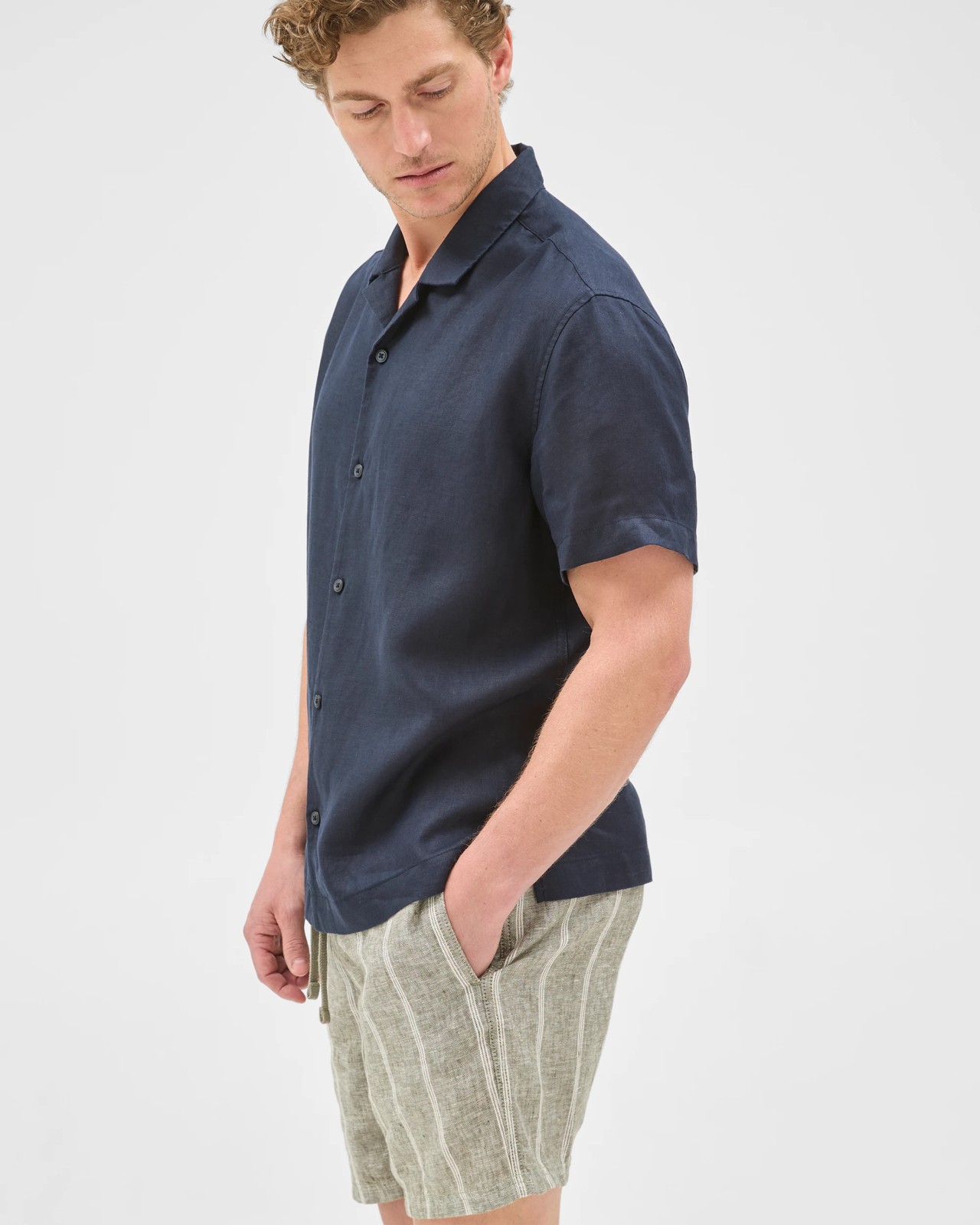 European Linen Elastic Waist Striped Shorts - Forest Fog 4 of 6