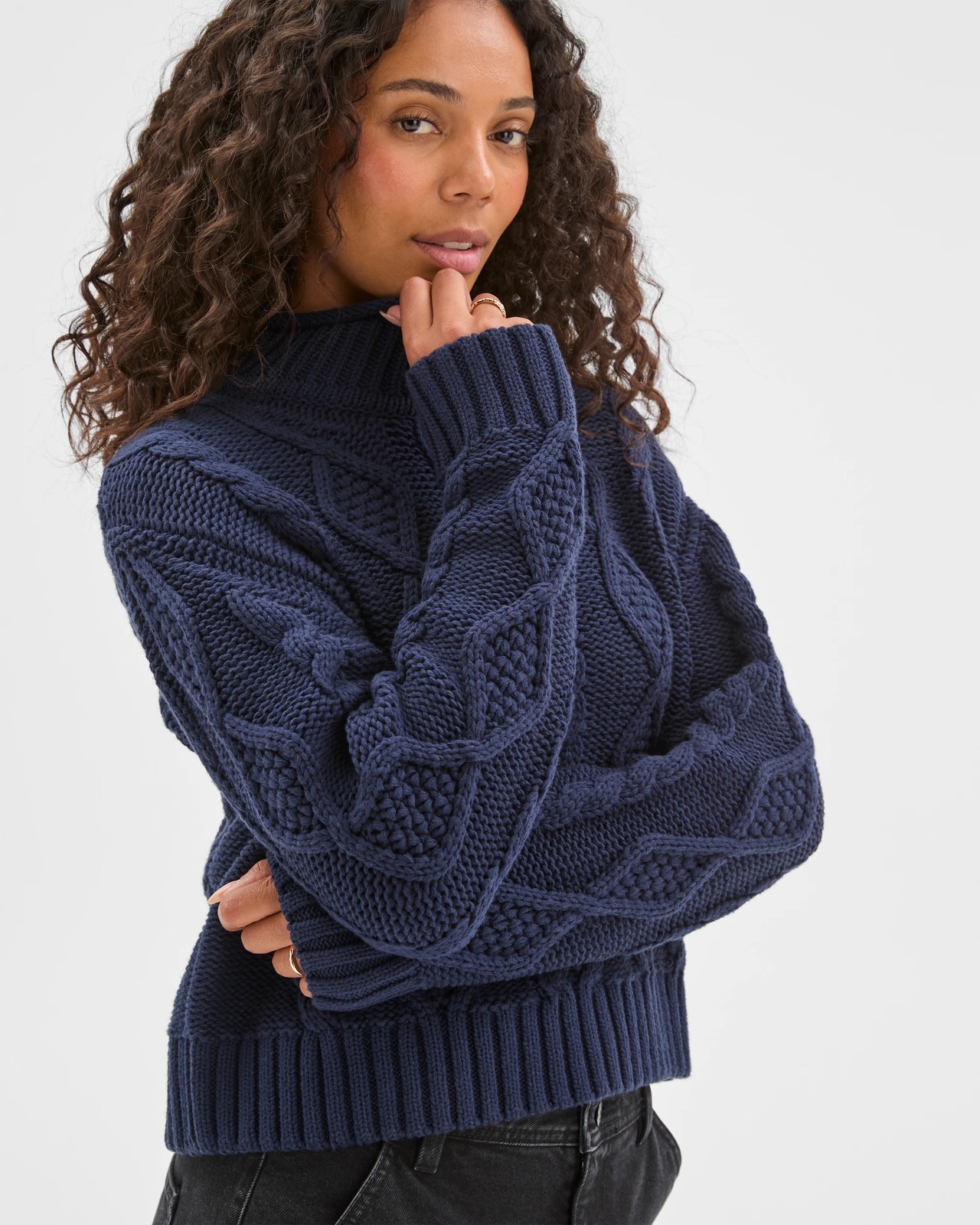 Australian Cotton Blend Roll Neck Cable Knit Jumper - Navy 5 of 5