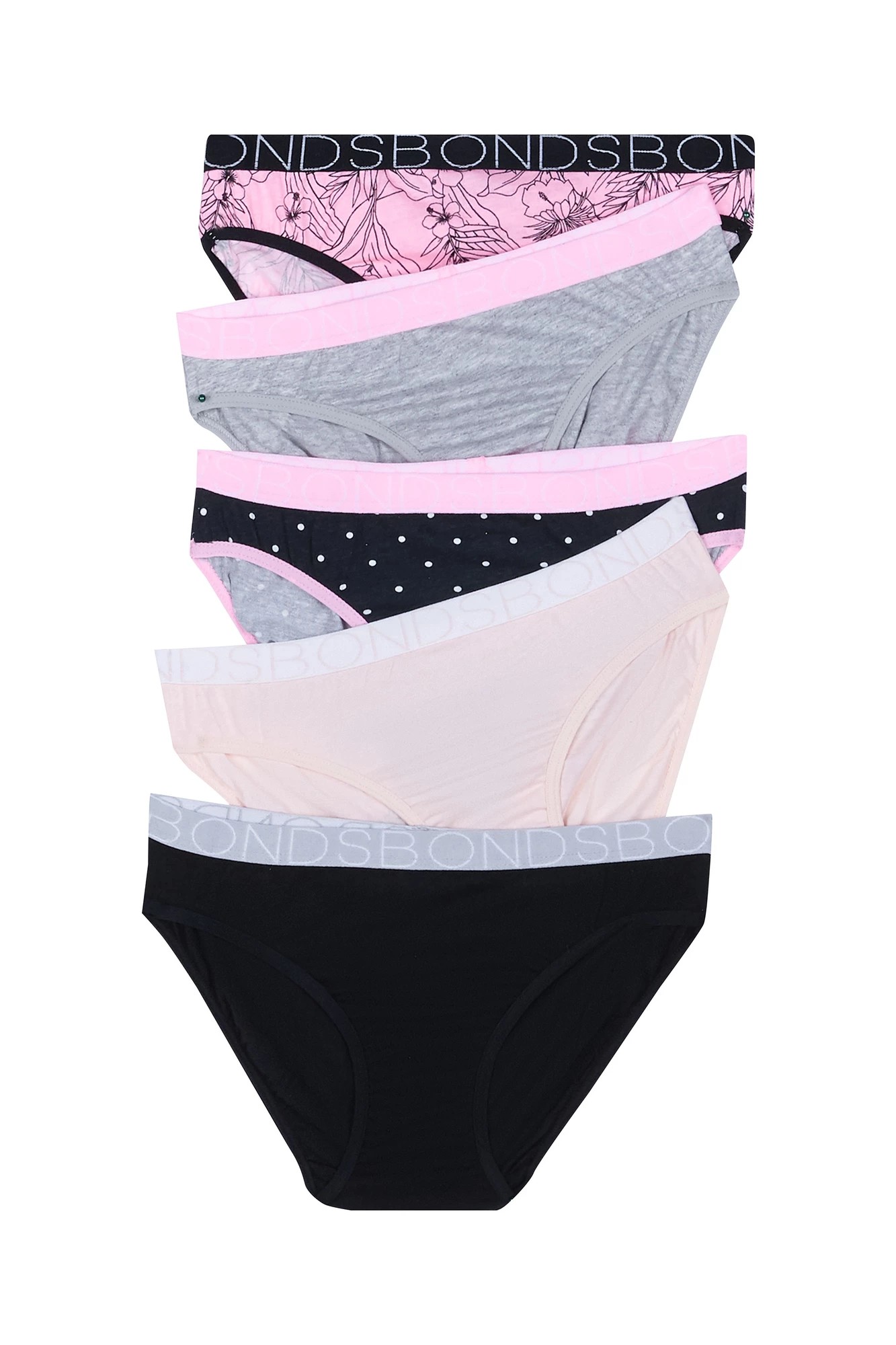 Bonds Girls Bikini Briefs 5 Pack - Pink Black Print