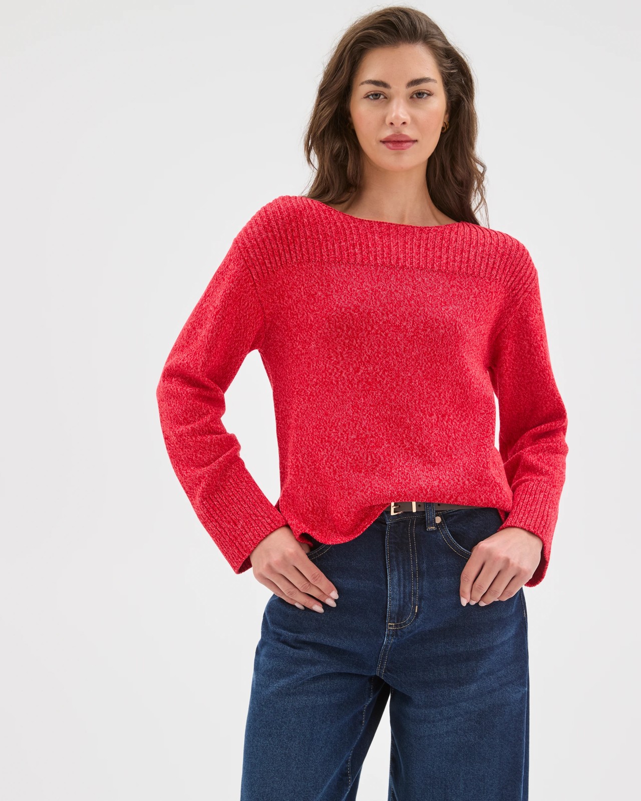 Petites Australian Cotton Blend Rib Trim Ottoman Boat Neck Jumper - True Red Twist 2 of 5