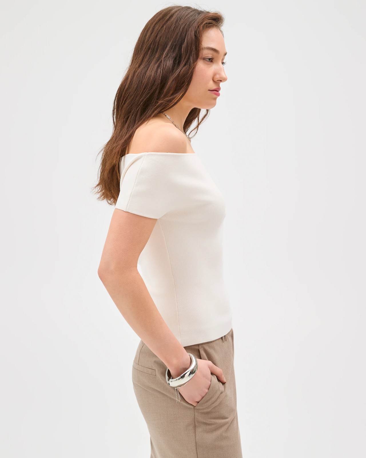 Lily Loves Off Shoulder Sculpt Top - Pale Oat 5 of 5