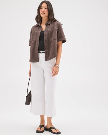 Short Sleeve Concealed Placket Denim Shirt