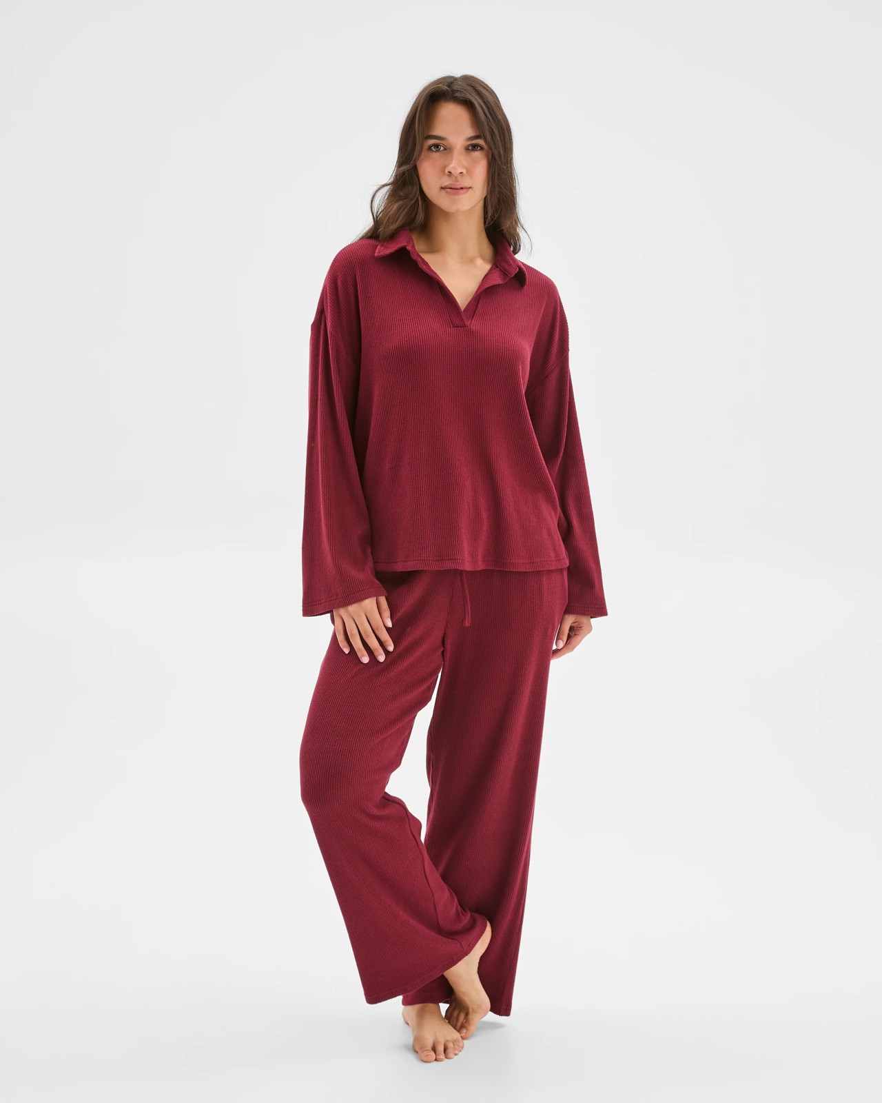 Cosy Rib Notch Collar Top - Burgundy 2 of 6