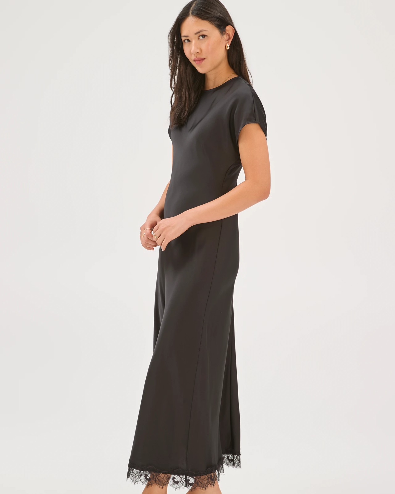 Preview Lace Trim Satin Midi Dress - Black 2 of 6