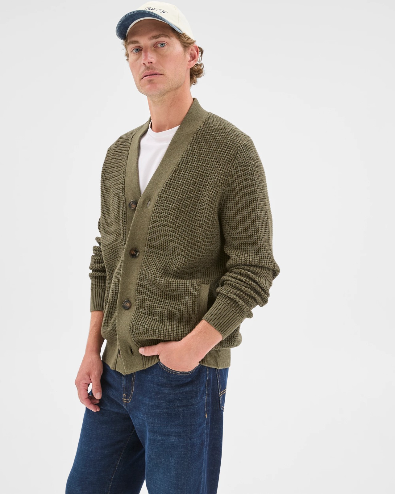 Australian Cotton V-Neck Waffle Knit Cardigan - Khaki 4 of 6