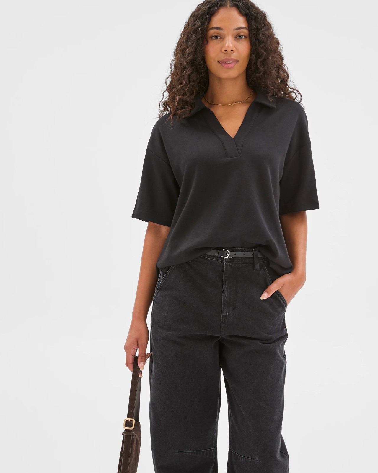 Australian Cotton Blend Interlock Polo Neck T-Shirt - Black 2 of 5