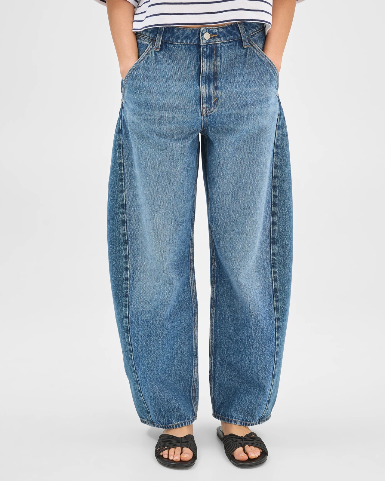 Barrel Leg Full Length Denim Jeans - Mid Worn Indigo 2 of 5