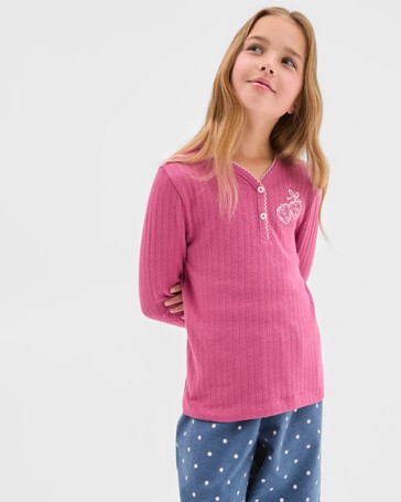 Australian Cotton Older Girls Henley Top and Flannel Pants Pyjama Set