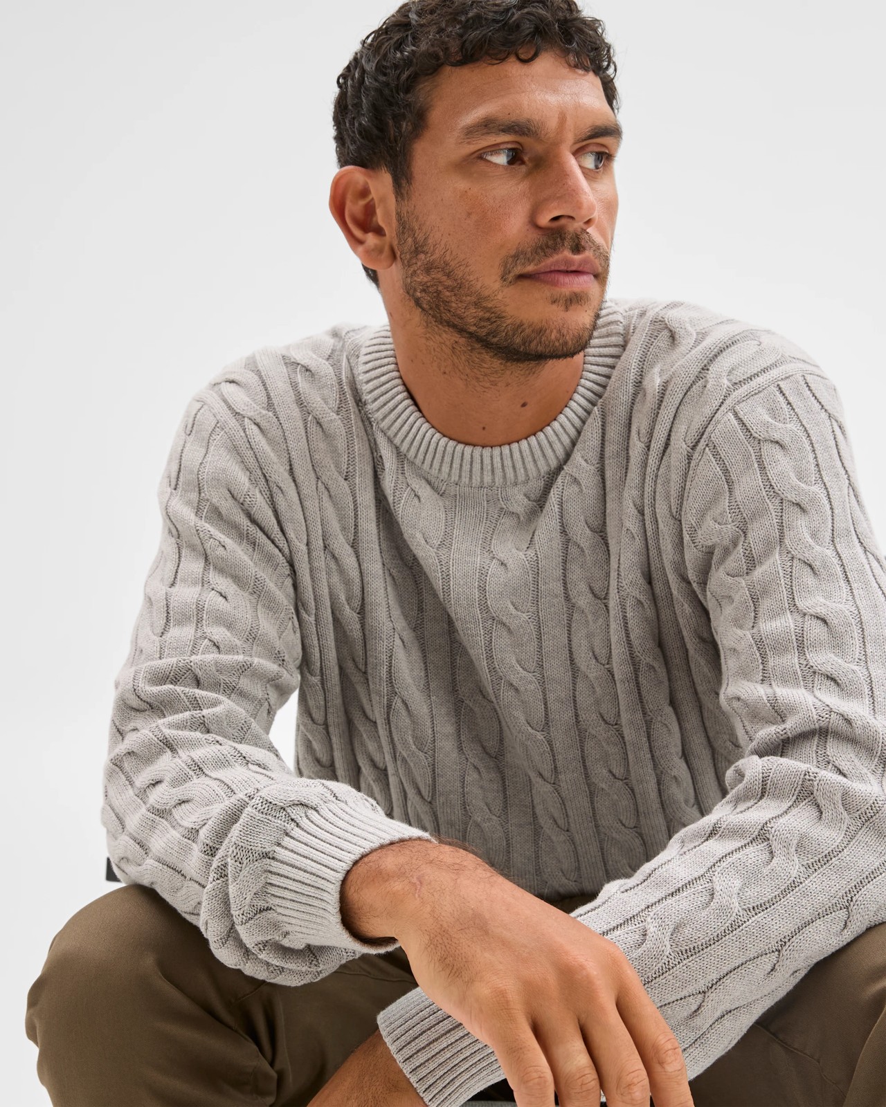 Australian Cotton Midweight Cable Knit Sweater - Grey Marle 4 of 6