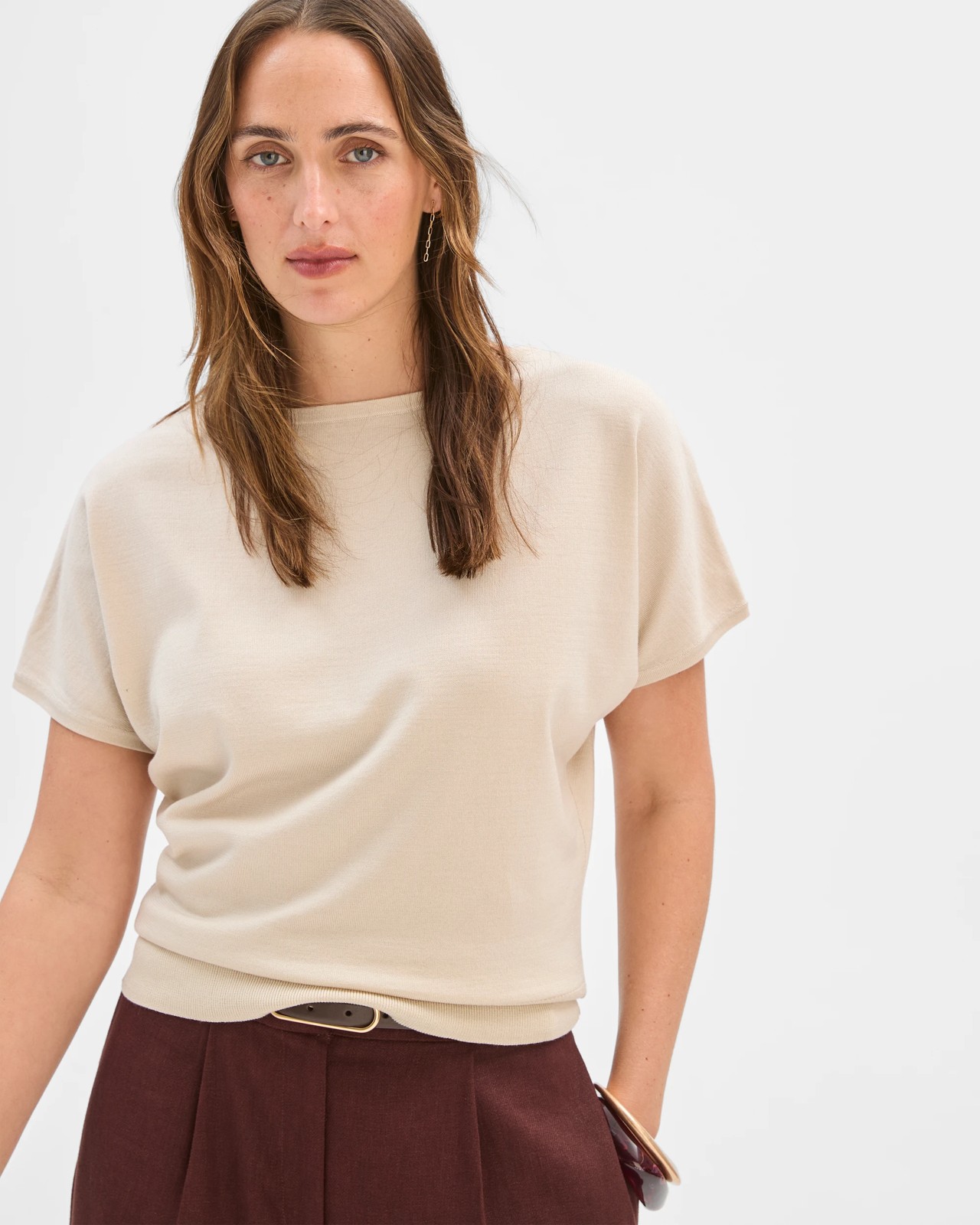 Preview Extended Short Sleeve Knit Top - Pumice 3 of 5