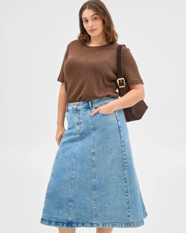 Plus Size Panelled Denim Midi Skirt