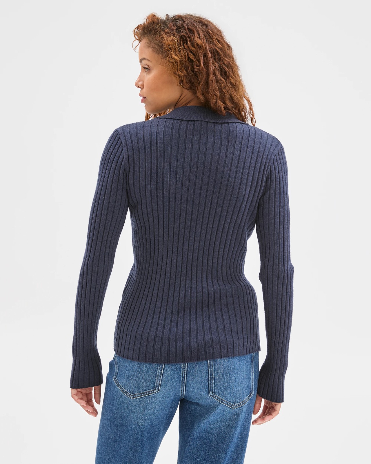 Fine Knit Double Layer Polo Sweater - Navy Marle 6 of 6