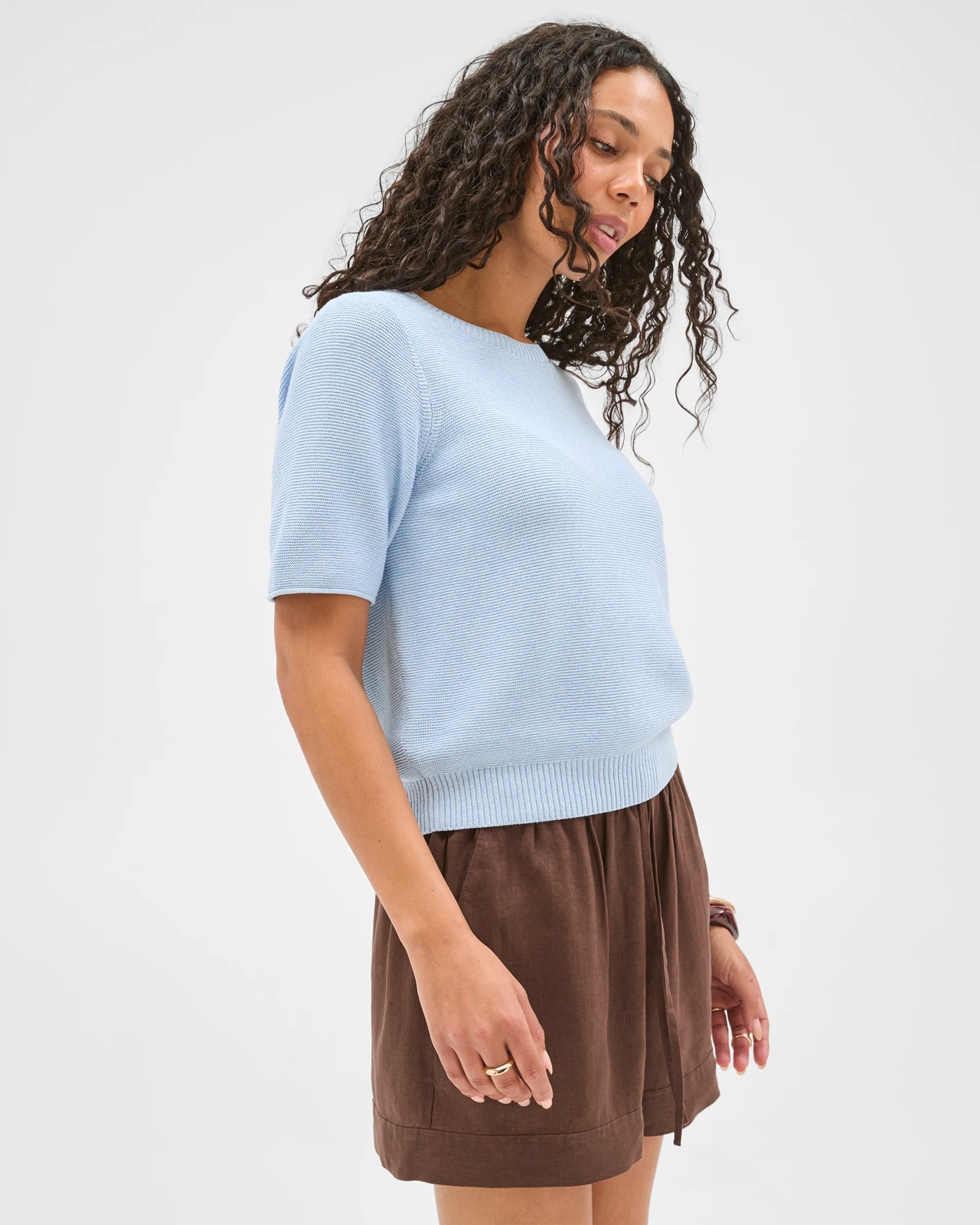 Australian Cotton Blend Relaxed Fit Ottoman Stitch Knitted T-Shirt - Pale Blue 4 of 6