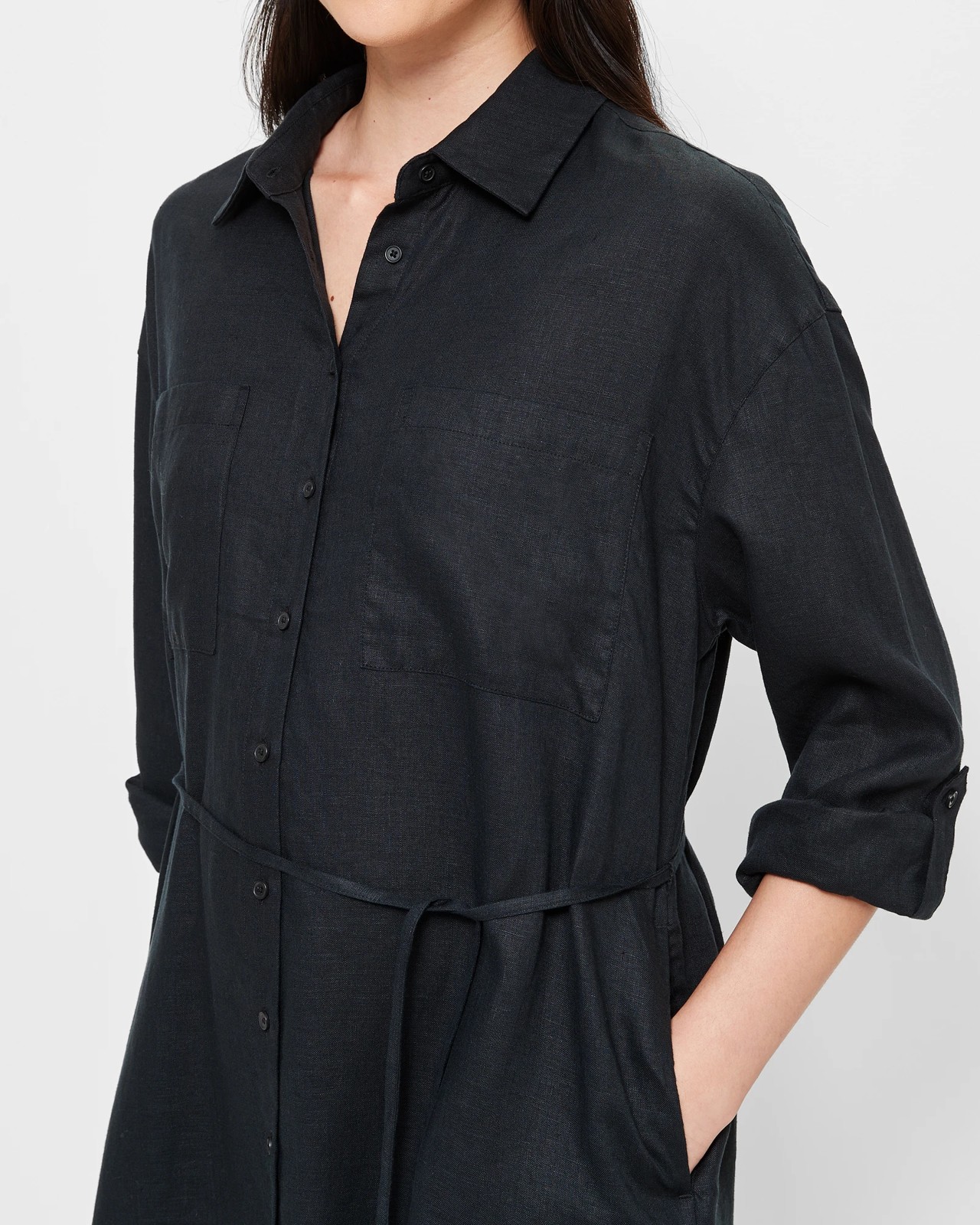 European Linen Midi Shirt Dress - Black