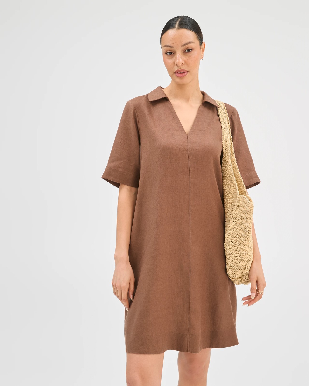 European Linen Short Sleeve Polo Mini Dress - Warm Brown 2 of 5
