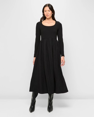 Long Sleeve Knit Woven Midi Dress