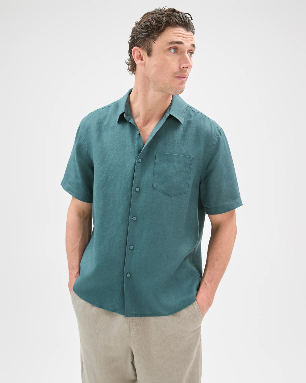 European Linen Short Sleeve Shirt - Hunter Green 4 of 5