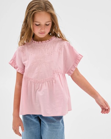 Woven Short Sleeve Embroidered Top