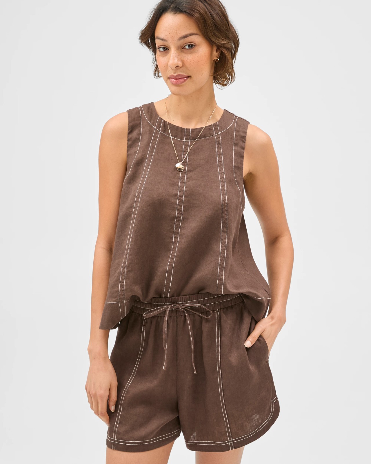 European Linen Contrast Stitch Shorts - Coffee Bean 5 of 5