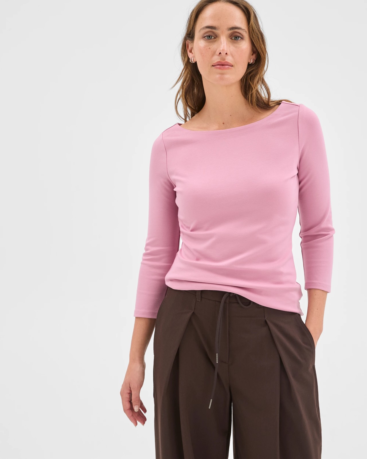 Preview 3/4 Sleeve Boat Neck Ponte T-Shirt - Whipped Berry 3 of 5