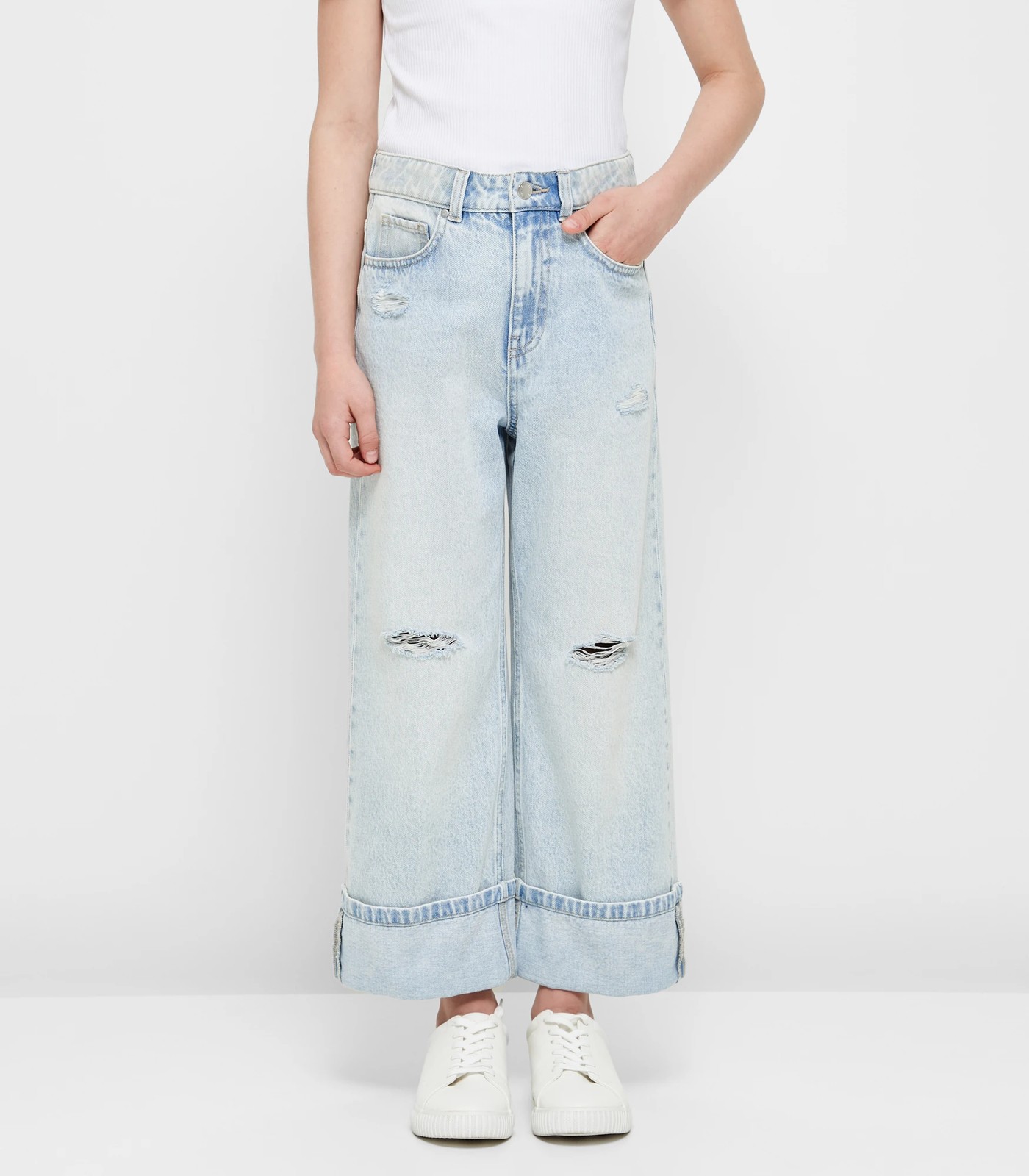 High Waisted Wide Leg Cuffed Jeans