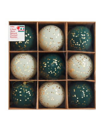 Anko 9 Pack 10cm Natural Flocked Baubles