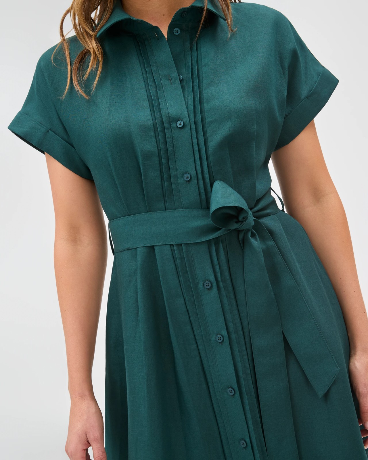 Preview Short Sleeve Pintuck Midi Shirt Dress - Deep Green 5 of 5