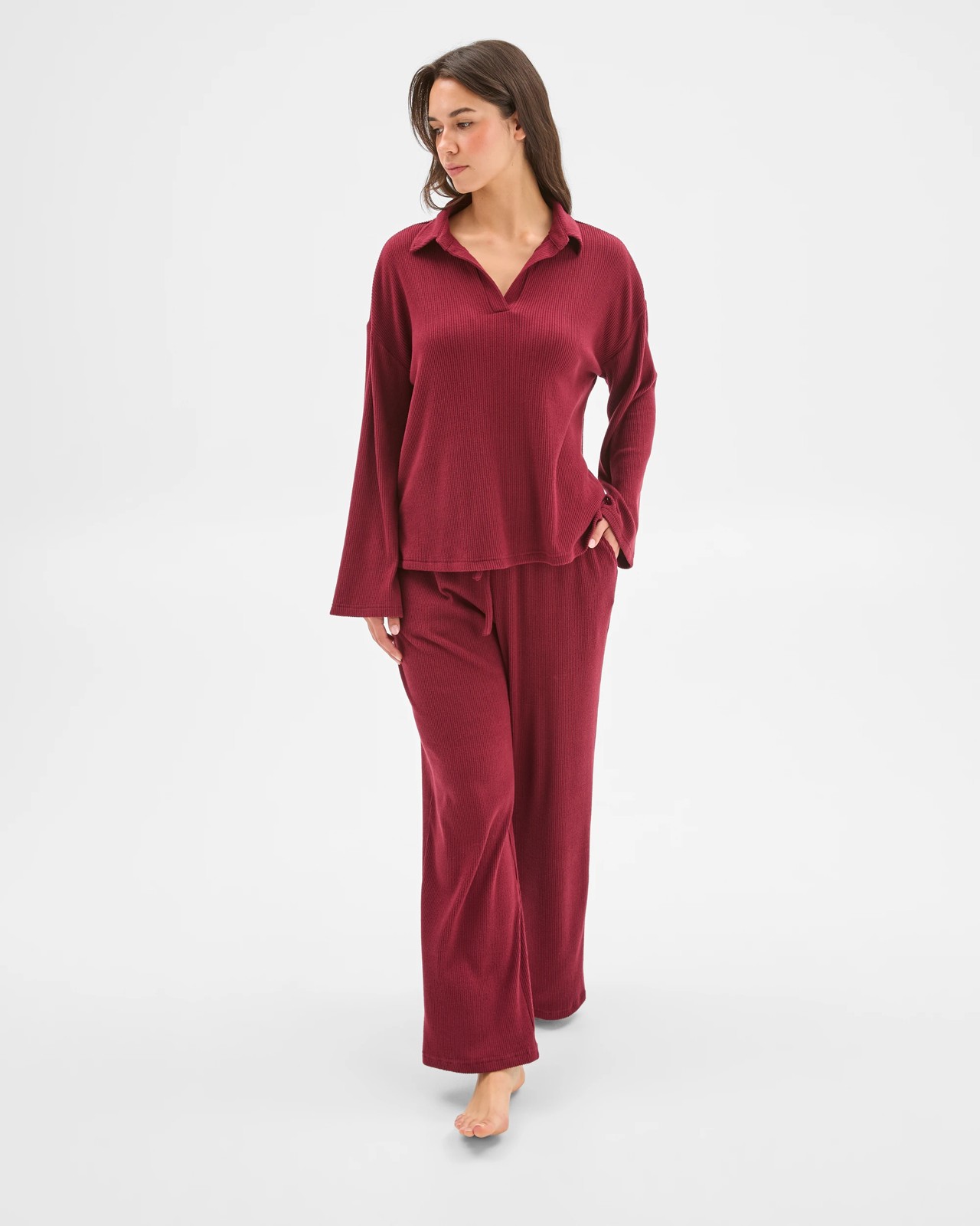 Cosy Rib Wide Leg Pants - Burgundy 2 of 6