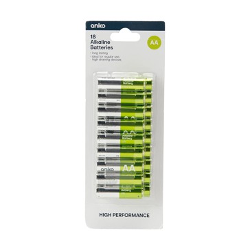 High Performance Alkaline Batteries, AA, Pack of 18 - Anko
