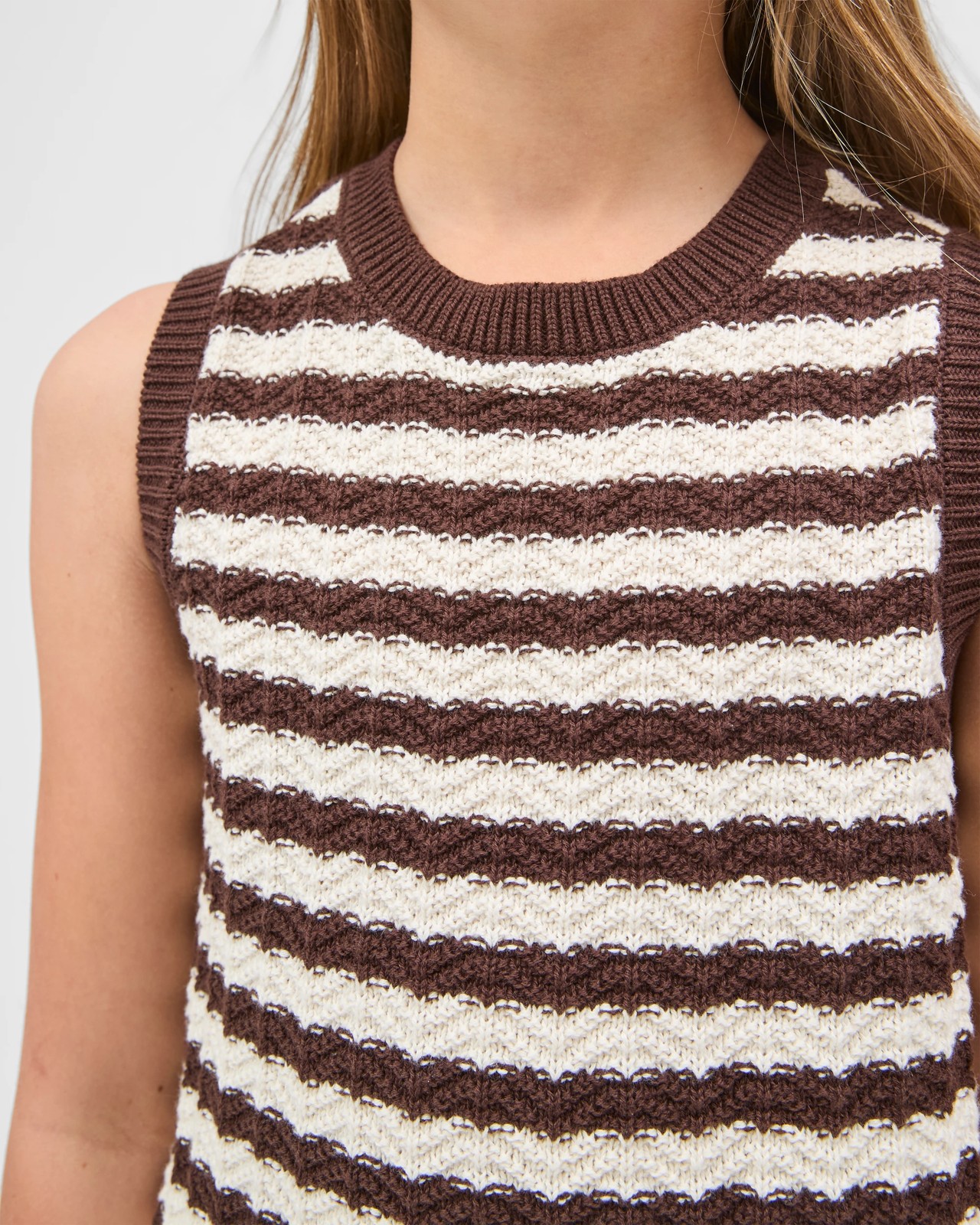 Australian Cotton Crochet Knit Tank Top - Stripe Chocolate 3 of 6
