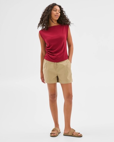Ribbed Boat Neck Gathered Side Top