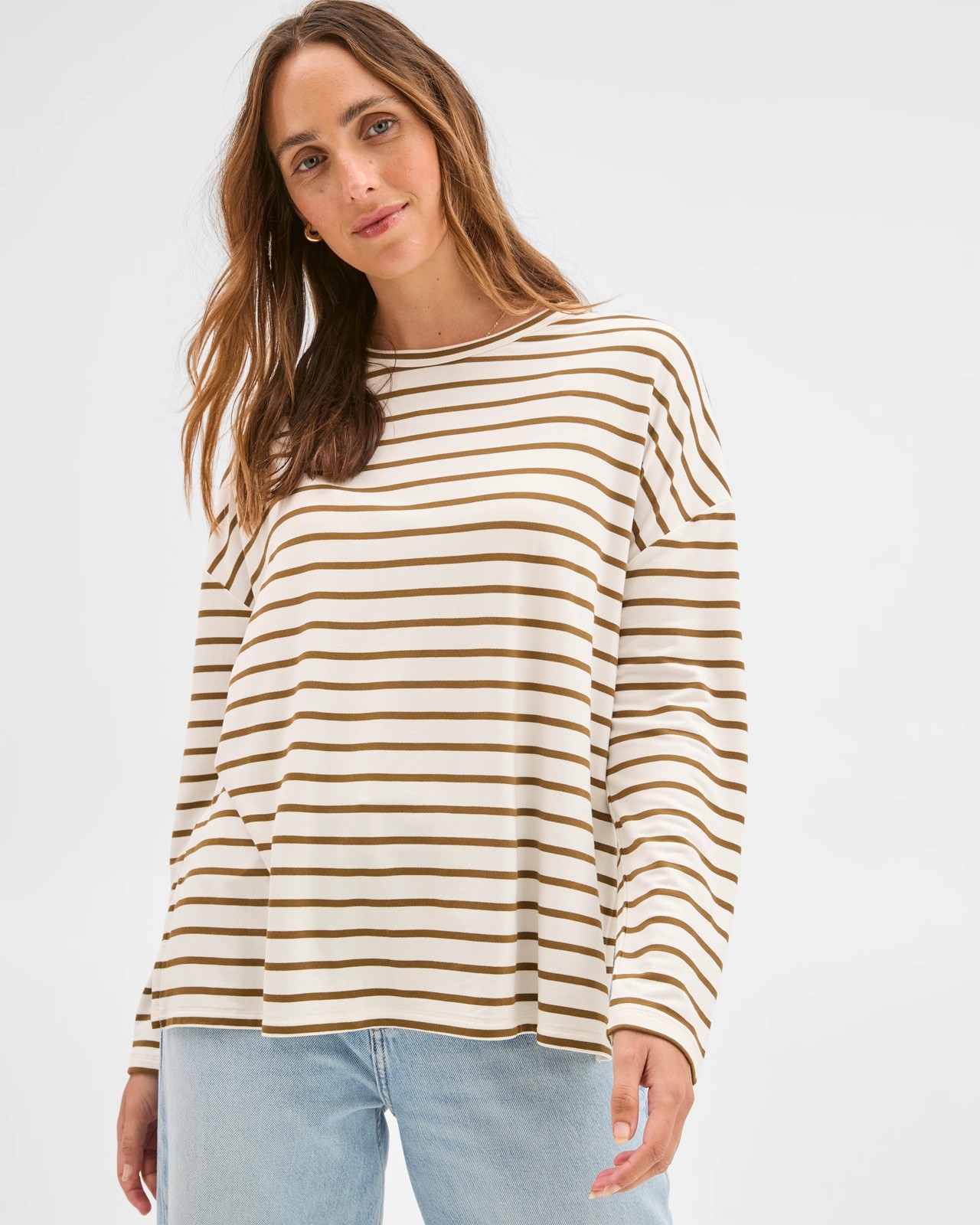 Long Sleeve Drop Shoulder Curved Hem Top - Cream/Olive 2 of 6