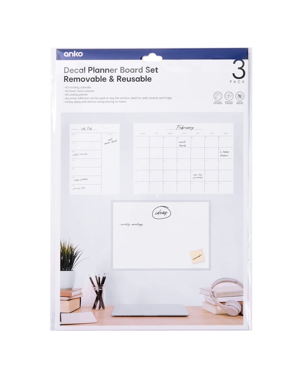 Anko 3 Pack Removable and Reusable Decal Planner Board Set 5 of 5