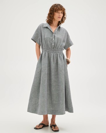 European Linen Shirred Waist Midi Dress
