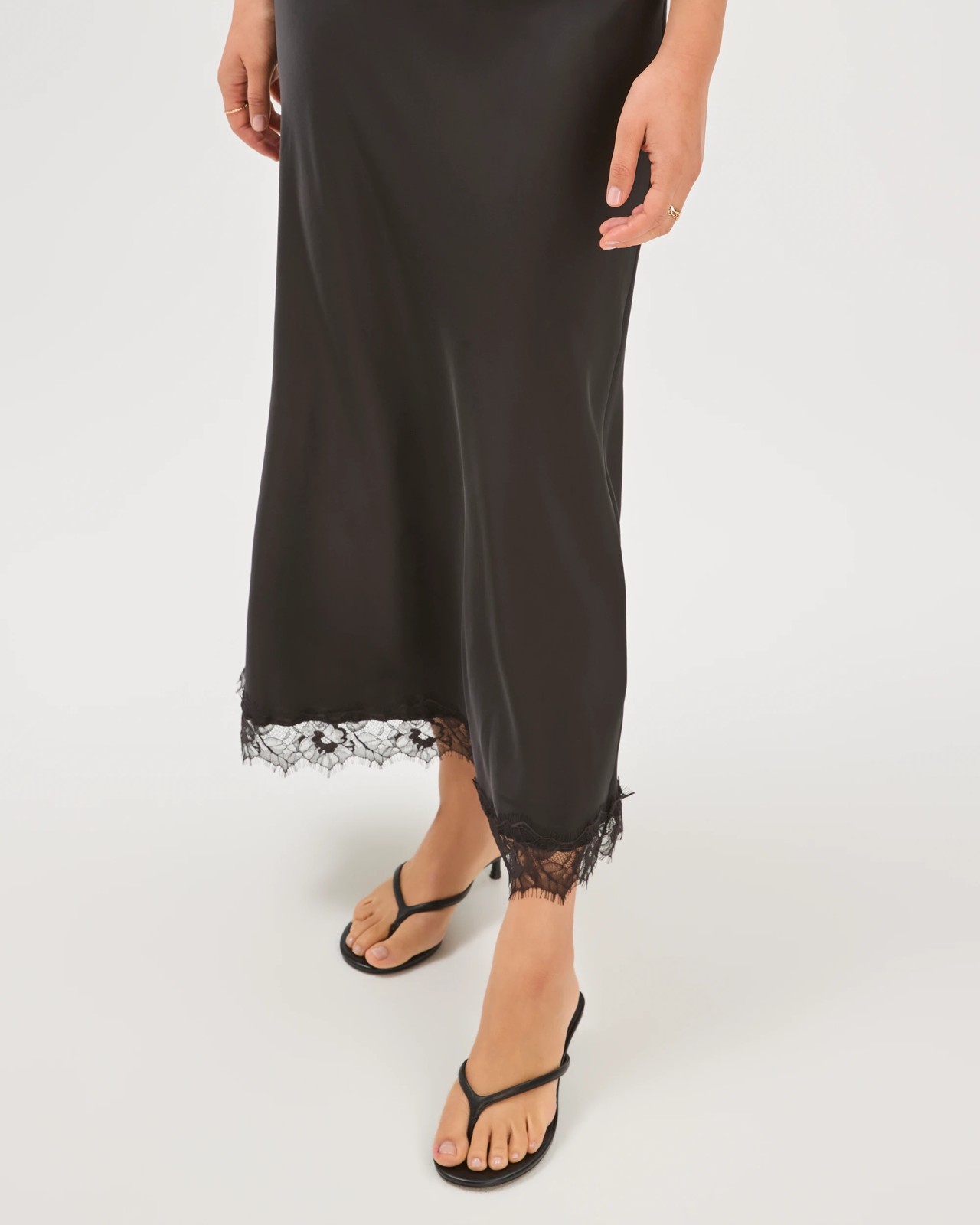 Preview Lace Trim Satin Midi Dress - Black 4 of 6
