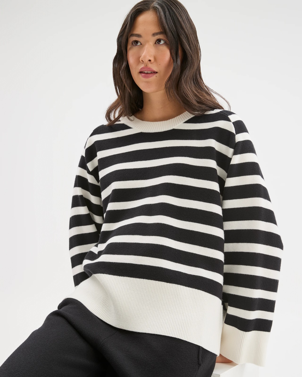 Clean Knit Crew Neck Sweater - Cloud Dancer/Black Stripe 3 of 6