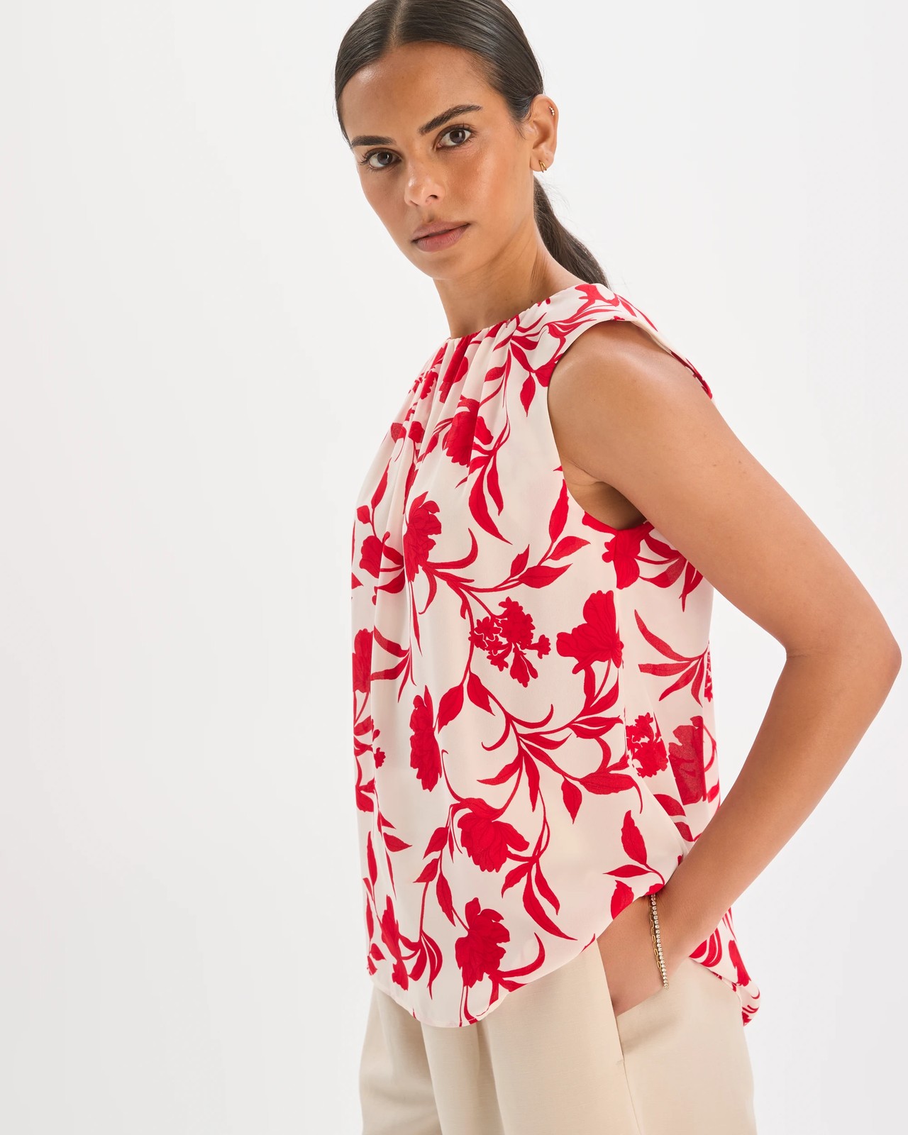 Preview Sleeveless Gathered Neck Blouse - Red Silhouette Floral 6 of 6