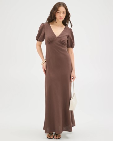 Lily Loves European Linen Blend Puff Sleeve Midi Dress
