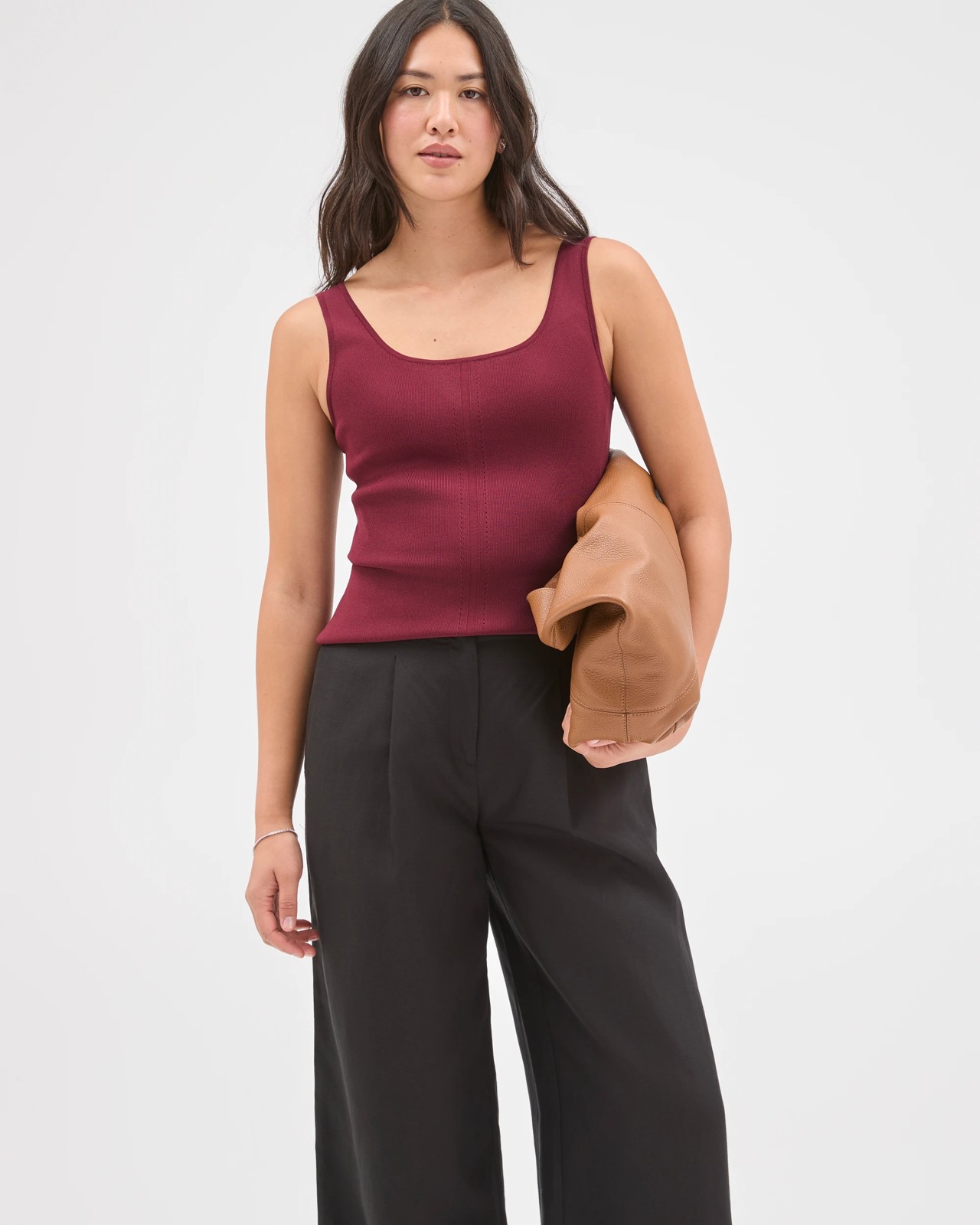 Preview Slim Fit Crepe Knit Detail Tank Top - Chocolate Rose 5 of 5