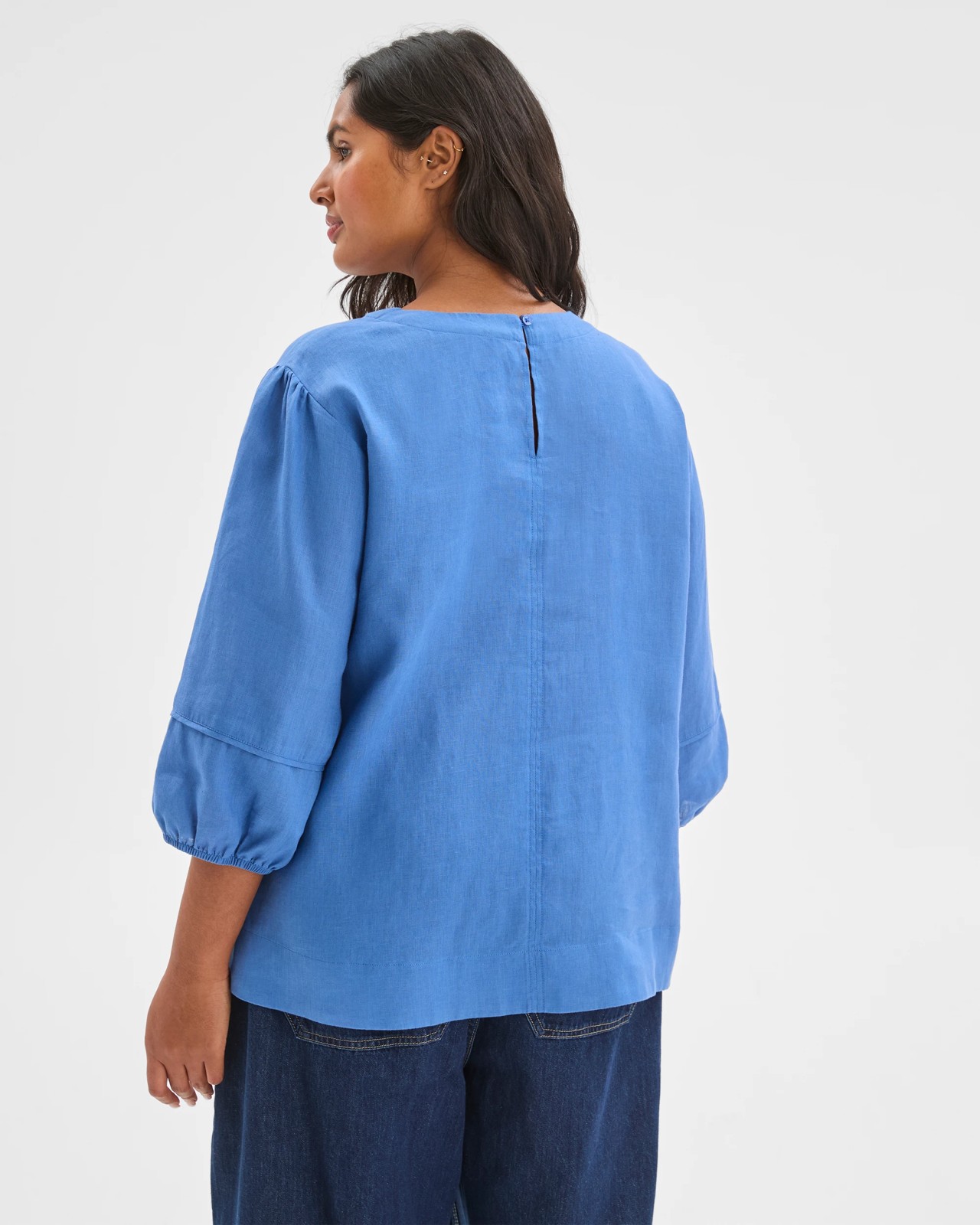 Plus Size European Linen Balloon Sleeve Blouse - Lapis Blue 6 of 6