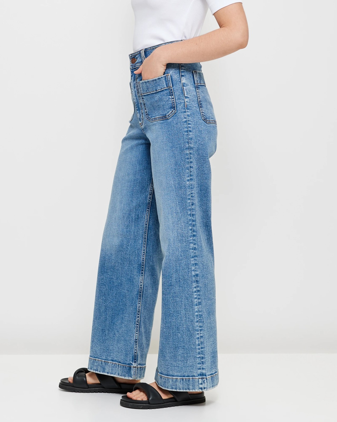 Mila Wide Leg High Rise Full Length Flat Front Denim Jeans - Pacific ...