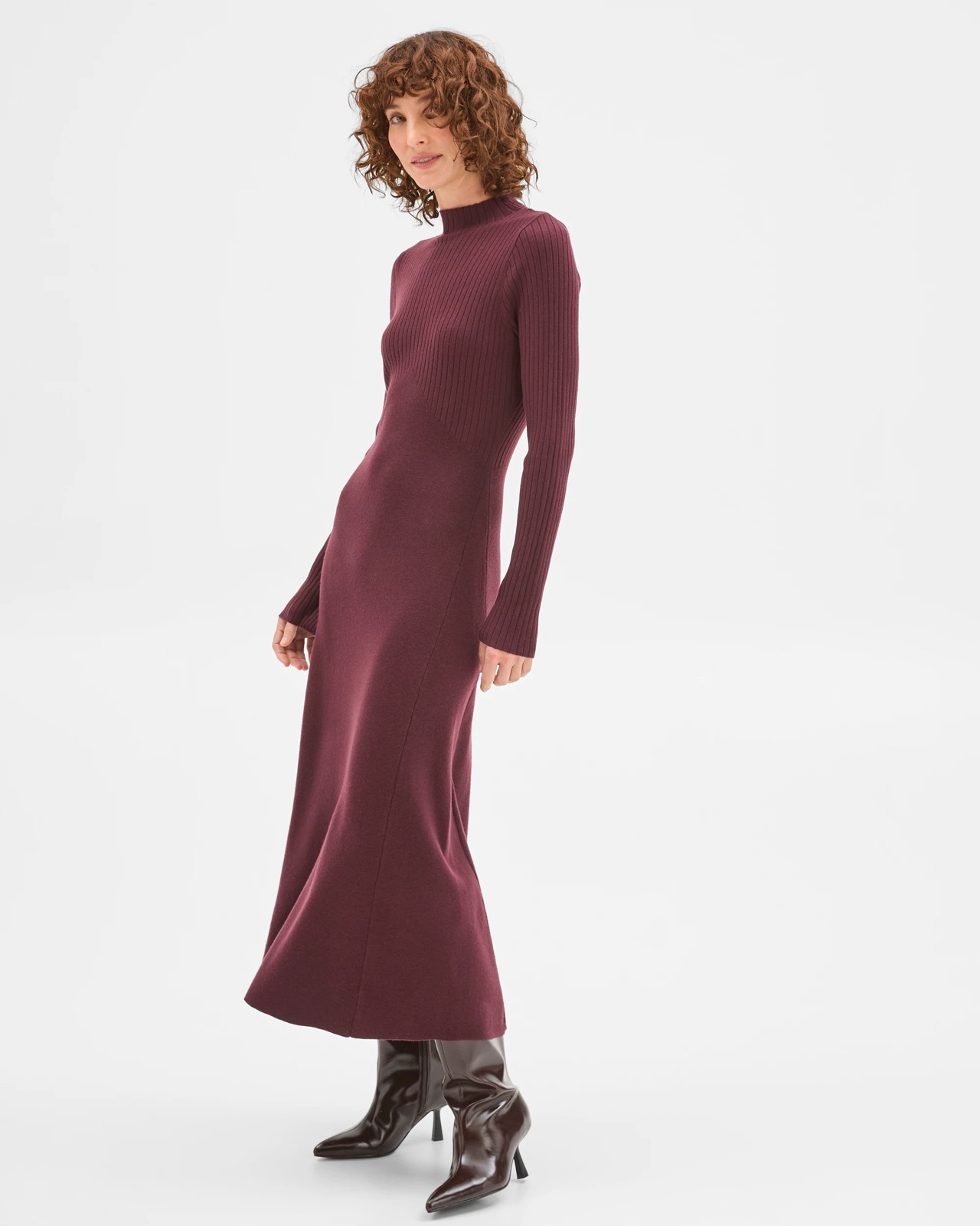 Preview Long Sleeve Rib Detail Knit Dress - Pinot 4 of 5